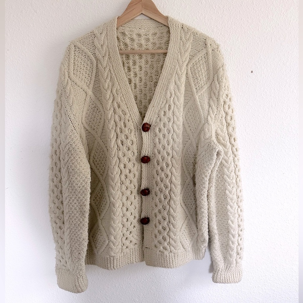 Irish Cream Fisherman Knit Wool Sweater Cardigan